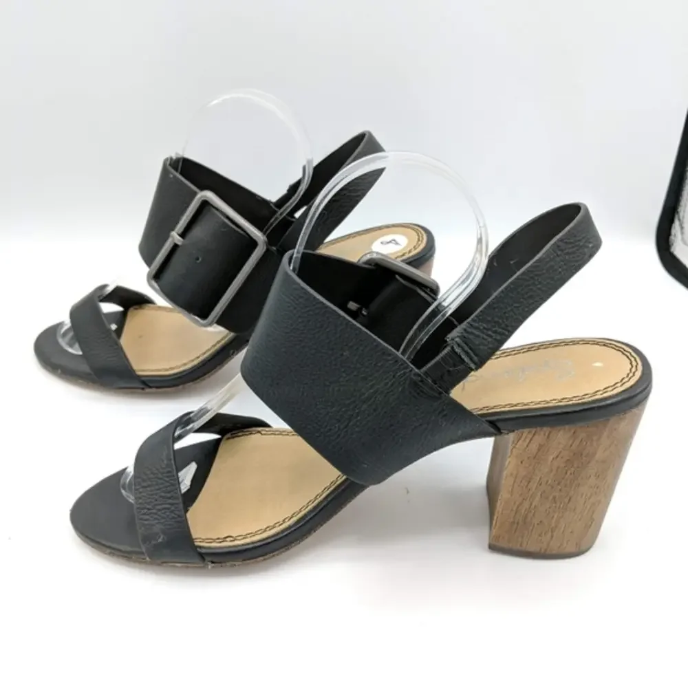 Splendid Womens Size 8 Black Wood‎ Heels Buckle Vacation Open Toe Slingback